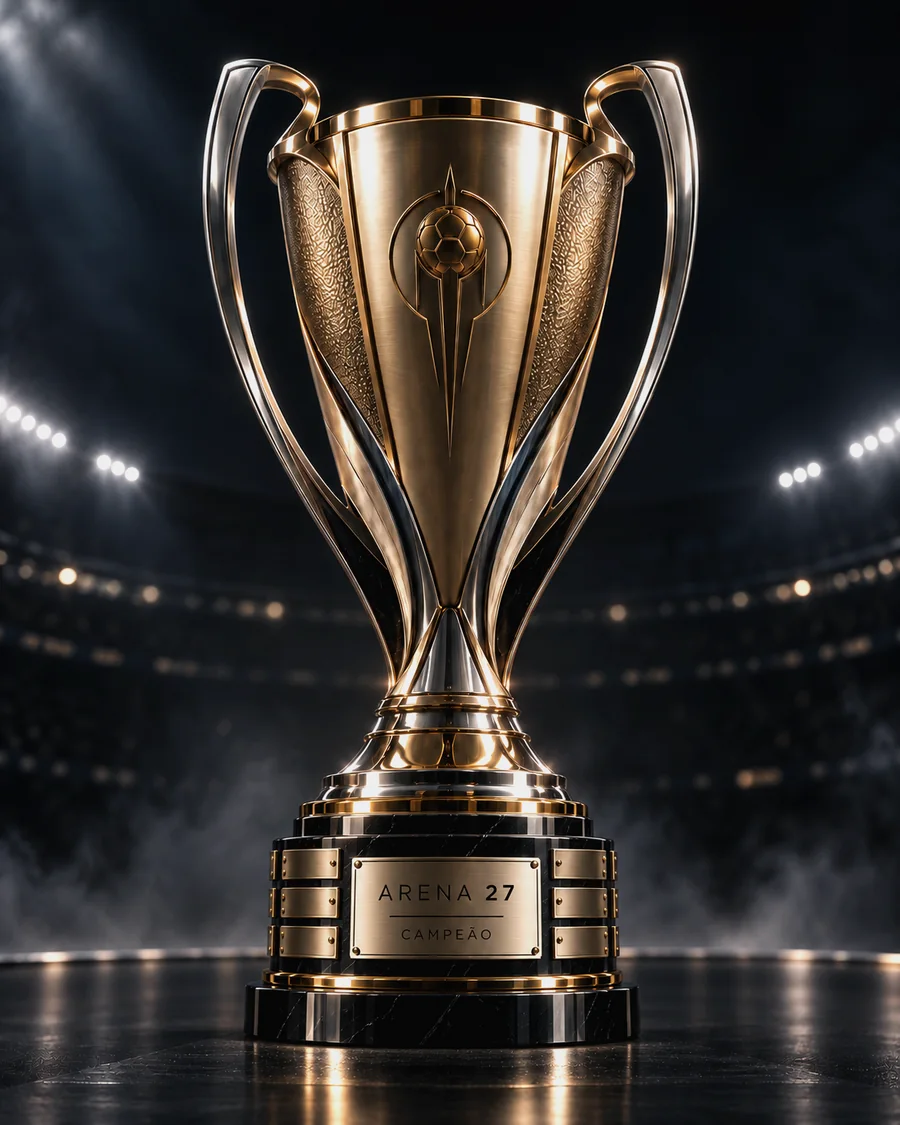 Taça ARENA 27: cálice dourado sobre base de mármore preto com a placa "ARENA 27 — Campeão"
